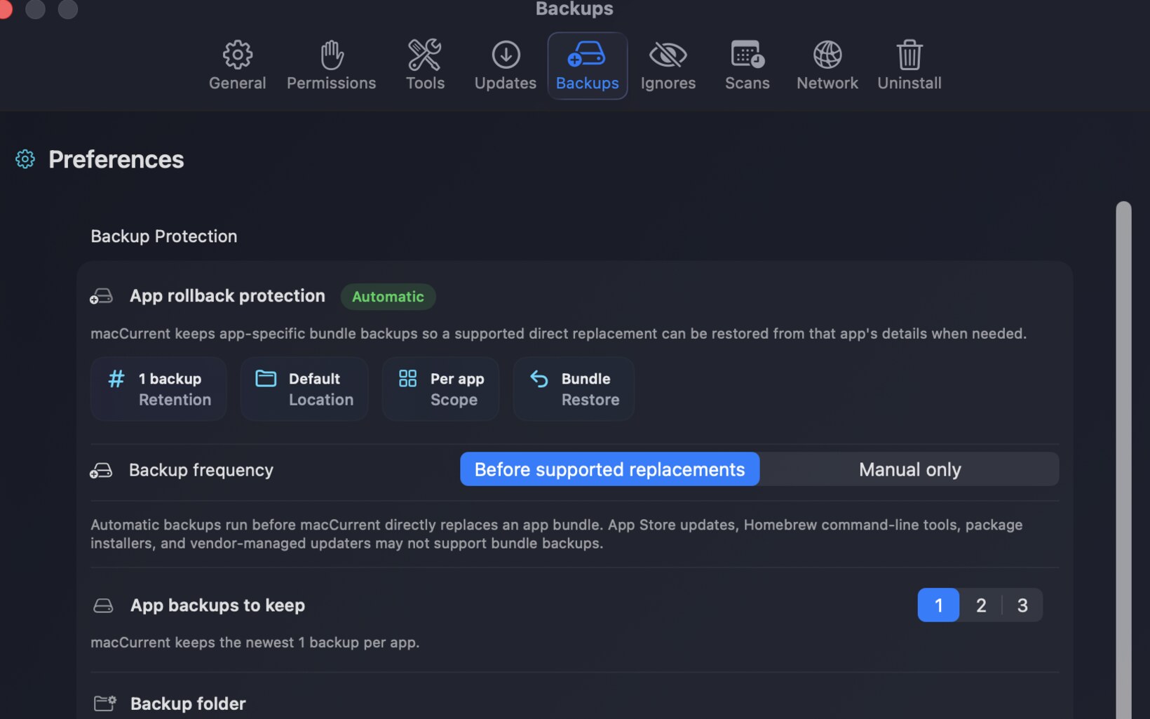 macCurrent dark mode Backups preferences showing retention, backup folder, and restore scope